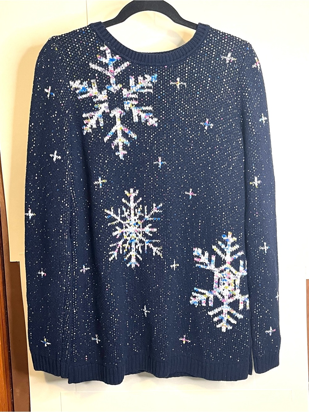 J. Jill Women’s S Tall Navy Confetti Snowflake Crewneck Sweater